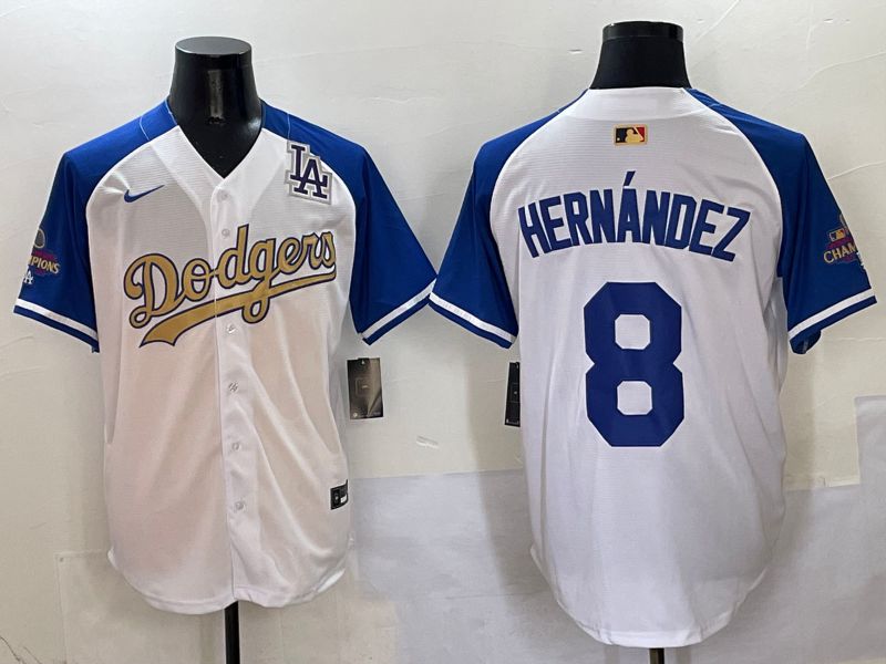 Men Los Angeles Dodgers #8 Hernandez White Blue Champion gold character Nike 2025 MLB Jersey style 5049->los angeles dodgers->MLB Jersey